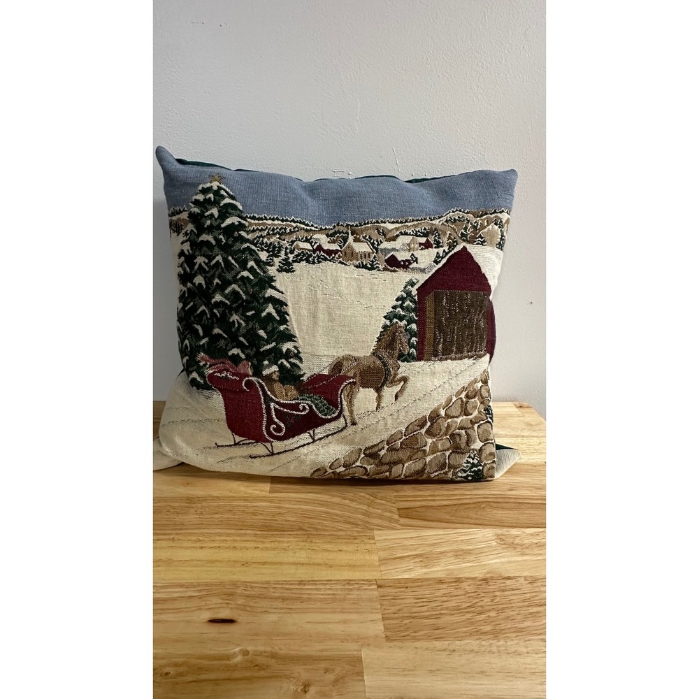 Vintage Woven Tapestry Christmas Throw Pillow Winter Sleigh Scene Green Back